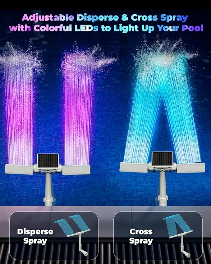 Solar Pool Fountain with 10-Color 4-Mode RGB LED Lights, Above/Inground Solar Lights with Remote, 360°Adjustable Dual Spray Waterfall Sprinkler Fountain for Relaxation & Cooling 10-20°F