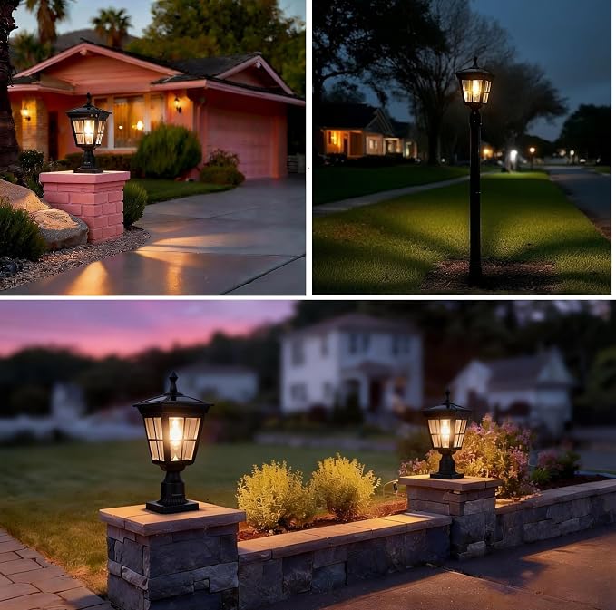 Solar Lamp Post Light, Cast Aluminium Waterproof LED Pillar Lights with Glass Outdoor Dusk to Dawn Post Light Solar Powered ST4311BQ for Pier Mount Gates Yard Pole (Black+Clear Glass)