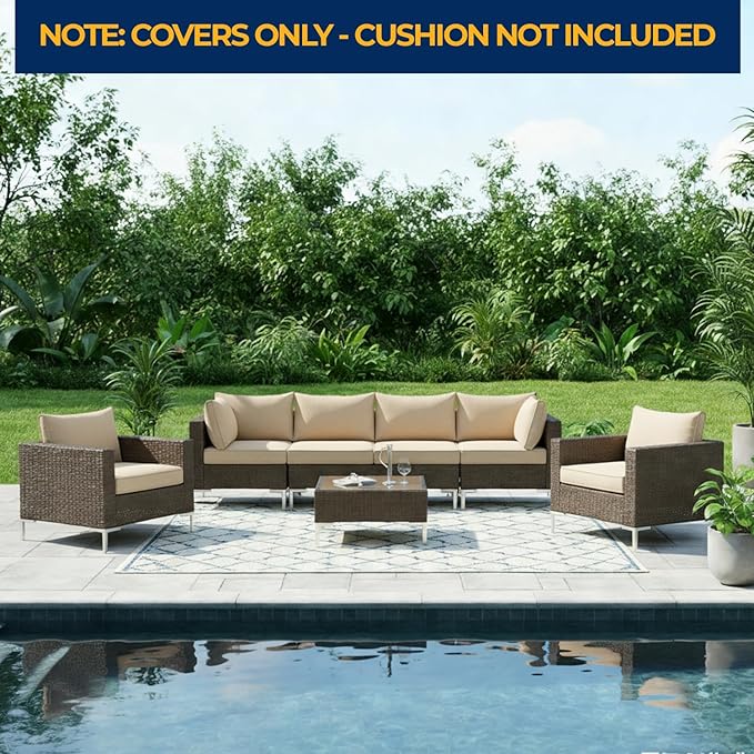 HOMREST 14-Piece Outdoor Cushion Covers Set for Patio Furniture, Reversible Double-Sided Sofa Slipcovers with Zipper, Water-Repellent Replacement Covers Only (Khaki, 25.6×25.6×3.9in)
