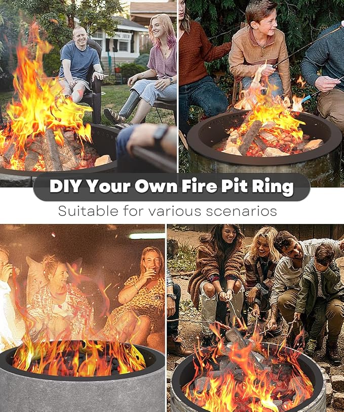36 Inch Smokeless Fire Pit Ring Insert Outdoor, Heavy Duty Metal Steel DIY Firepit Rim Liner Round Campfire Rings for Outside Wood Burning Above or In-Ground, Black