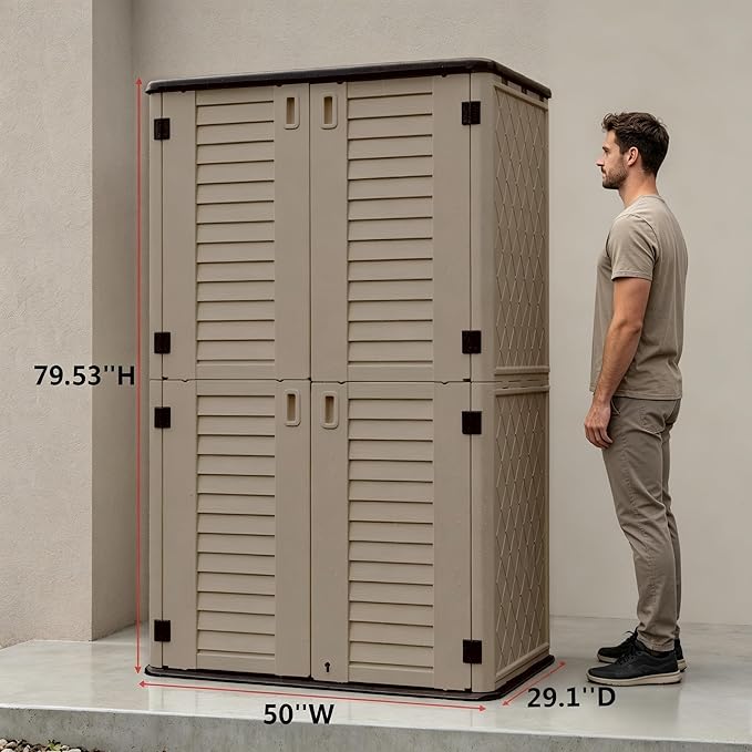Outdoor Storage Shed 66 cu.ft, Waterproof Resin Vertical Cabinet Double-Layer for Patio Furniture, Garden Tools, Lawn Mower, Pool Accessories, UV Resistant for Yard Balcony – Shelves Not Included
