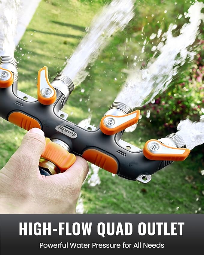 RAINPOINT 4 Way Garden Hose Splitter, 100% Metal Heavy Duty Water Hose Splitter with Individual Shut-Off Valves, 3/4" GHT High Flow Outdoor Faucet Splitter, 1.81" Extra Long Handle (Orange)
