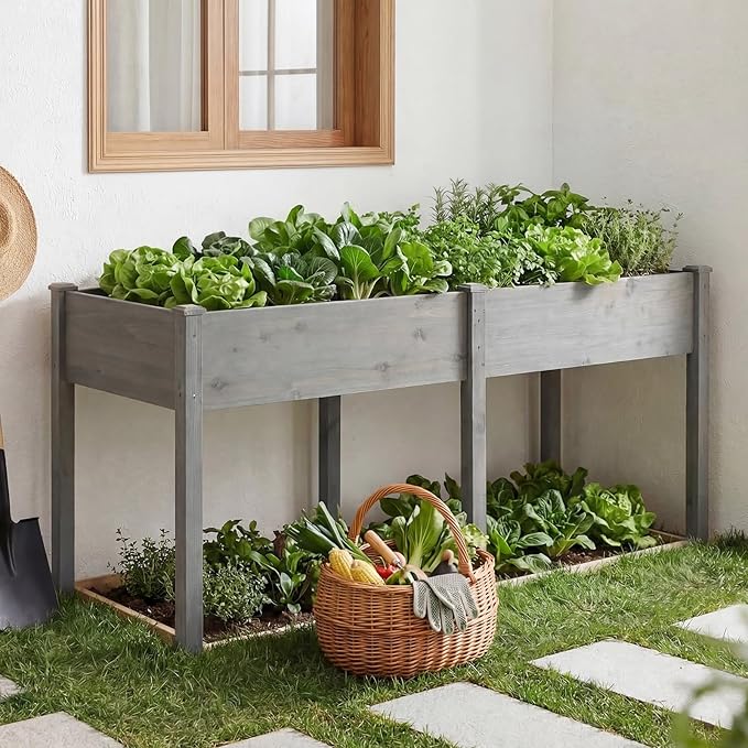 DUMOS Raised Garden Bed with Legs, 72x23x30 Inch Planter Box Outdoor with Liner for Herbs Flowers Vegetables, Elevated Wooden Garden Bed for Patio, Balcony and Backyard, Grey
