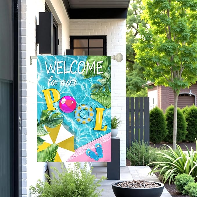 Welcome to Our Pool Garden Flag Vertical Double Sided Summer Swimming Pool Yard Flag Palm Leaf Parasol House Flags 28 x 40 Inch Holiday Party Seasonal Farmhouse Banner Outdoor Decor