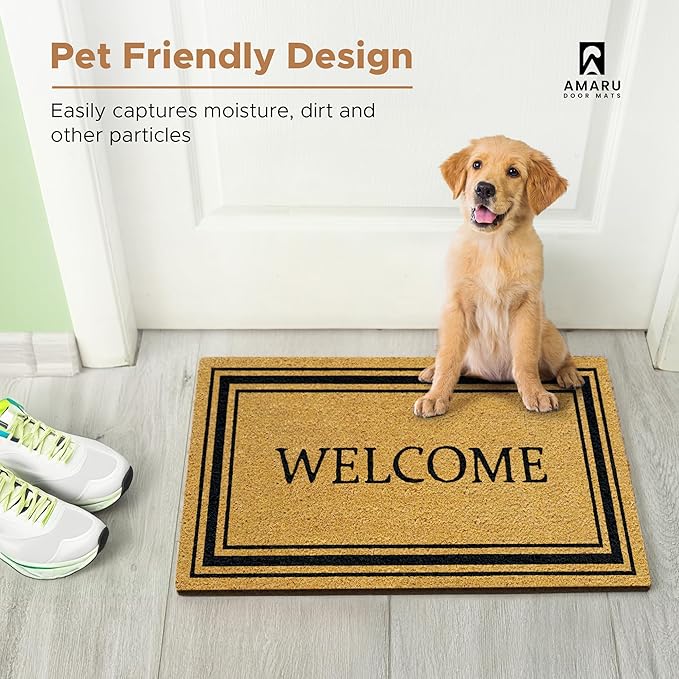 Stylish Welcome - 17"x29" - Coir Door Mat with Heavy Duty Backing - Welcome Mats for Entryway, Porch - Anti-Slip PVC & Coconut Fiber Surface - Natural Home Accessories, Minimalist Original Design