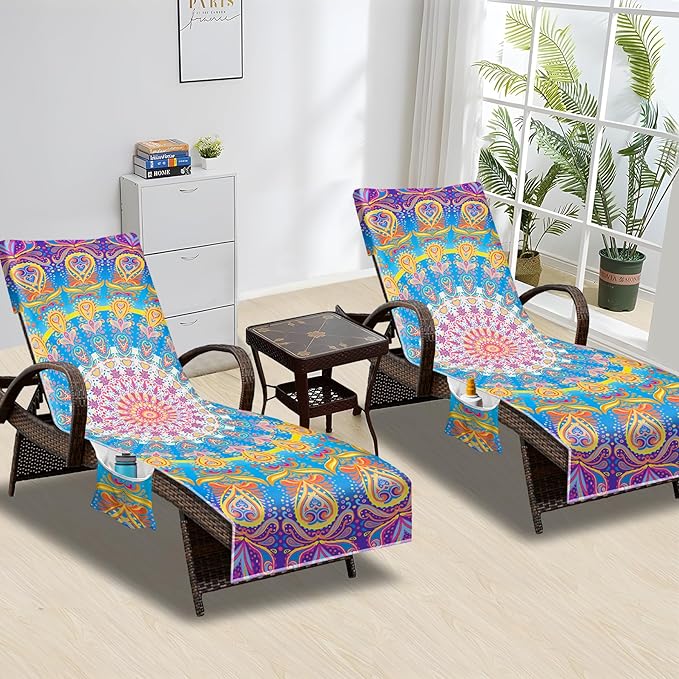 Lounge Chair Towel Cover, Beach Chair Cover (Pack of 2), Pool Lounge Chair Covers for Outdoor,Garden, Beach,Sun Lounger,Hotel Pool,Large Size and No Sliding, 85" X 30", (Mandala Purple)