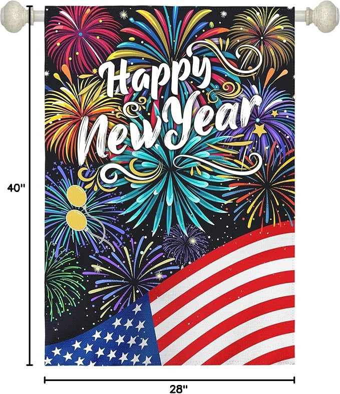 Happy New Year Garden Flag New Year Eve House Banner Double Sided American Flag Fireworks Wall Banners Balloon Holiday Celebration Party Yard Flags for Winter Festival Greetting 28 x 40 Inch