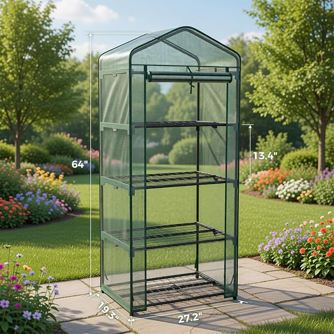 OLIXIS Mini Greenhouse with Durable PE Cover Roll-up Zipper Door, 27"×19"×63" 4 Tier, Small Greenhouse for Outdoors Indoor Balcony, Porch, Garden, Patio, Backyard Green Houses, Green