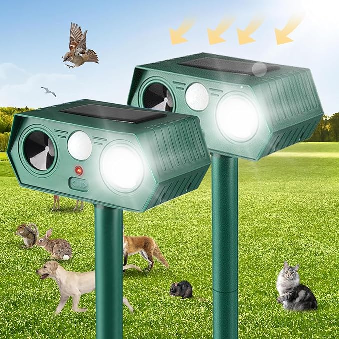 2025 Solar Animal Repellent,Upgraded Ultrasonic Cat Repellent Outdoor,Waterproof Deer Deterrent for Bird Dog Skunk,Squirrels Deterrent with Motion Detection Flash Lights for House C (2 Pack)
