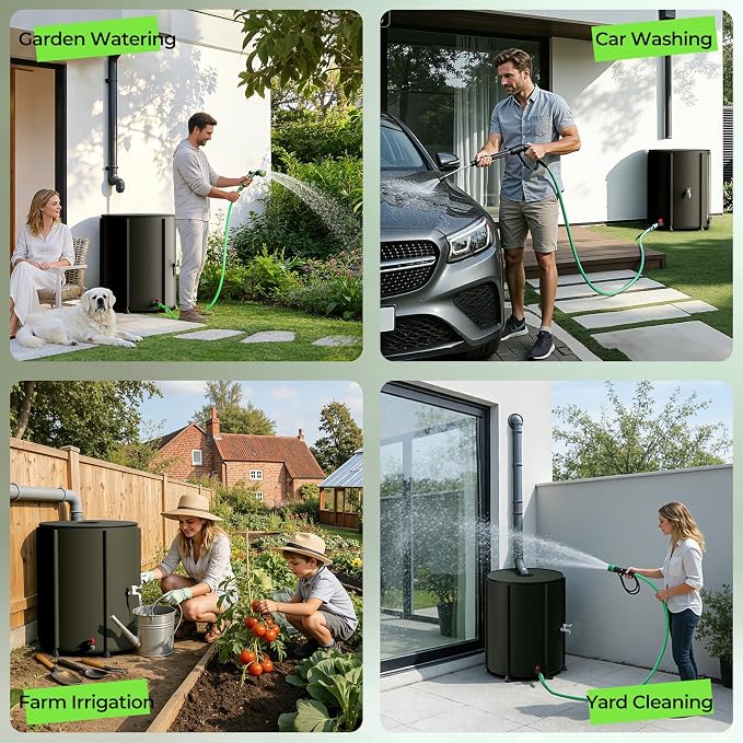 SKM Collapsible Rain Barrel, PVC Rain Water Collection System and Water Tank for Outdoor/Garden/Lawn, Portable Rain Water Collection Barrel Container with Spigots & Overflow Kit, 53Gallon, Black