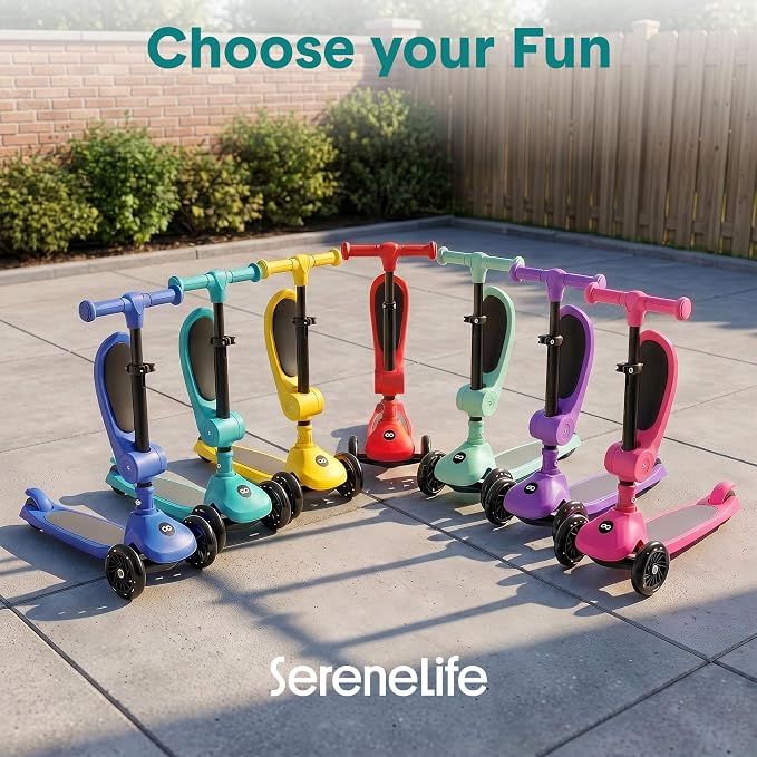 SereneLife 3 Wheel Scooter for Toddlers & Kids, Foldable Seat, LED Wheels, Adjustable Handlebar, Anti-Slip Deck, Rear Foot Brake, Lean-to-Steer, Kid Scooter, Supports up to 110 lbs (Mint Green)
