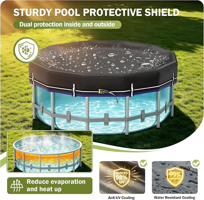 LXKCKJ 33 Ft Round Pool Covers for Above Ground Pools, Extra Thick 185G PE | 100MPH Windproof with Fast Tightening Ratchet & Weight Rings, 600LB Tear-Resistant, Waterproof 12000PA, Cold-Resistant,UPF50+