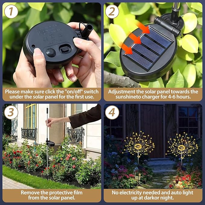 DONGULI Outdoor Solar Garden Lights, 120 LEDs 8 Lighting Modes 6 Packs Waterproof Solar Fireworks Light Sparklers for Patio Walkway Yard Courtyards Pathway Christmas Party Decorations