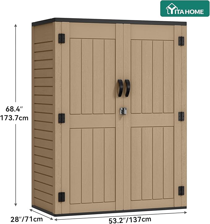 YITAHOME 59 Cuft Outdoor Tall Storage Shed, Waterproof Vertical Resin Shed for Garden, Garage, Patio, Lockable Tool Storage, No Shelves Included, Brown