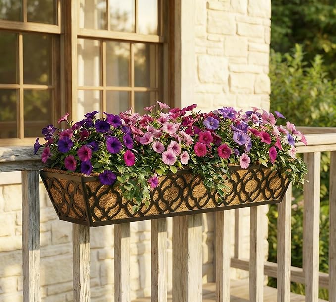 Y&M Deck Railing Planter Boxes 30 Inch 6 Pack, Adjustable Balcony Planter for Outdoor Plants, Metal Railing Planter Box for Deck, Fence and Porch, Window Boxes Outdoor, Sturdy Hanging Planter