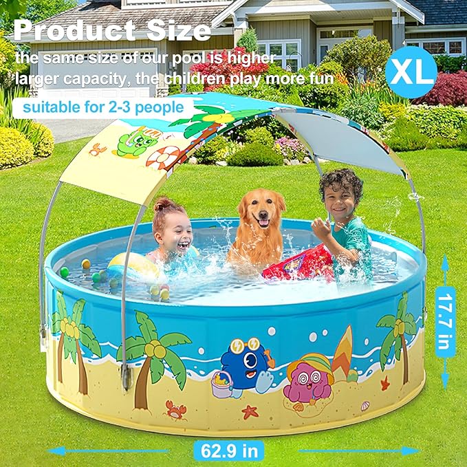Foldable Swimming Pool with Canopy for Kids 62.9"x17.7" Hard Plastic Portable Dog Pool Anti-Slip Collapsible Pets Bathtub Kiddie Pool Indoor Outdoor Backyard (JellieMons 63'')