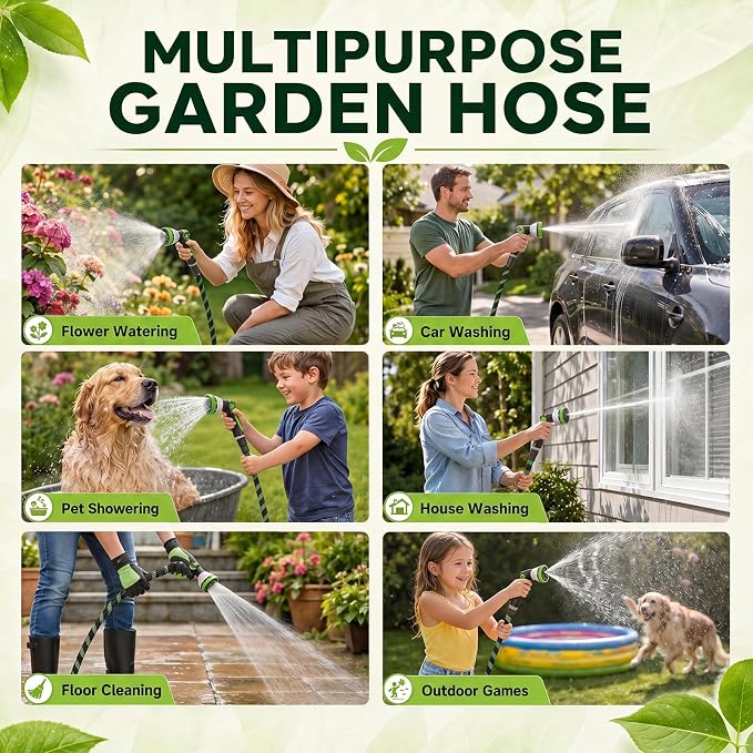 Garden Hose 50 FT, Non-Expanding Water Hose with 10 Pattern Spray Nozzle, Lightweight Flexible Kink-Resistant Garden Hose, Durable Outdoor Hose for Yard, Lawn, Patio, Garden, Car Washing, Black Green