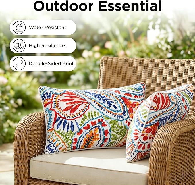 JMGBird Red Paisley Lumbar Support Pillow Set of 2 - Water-Repellent Cushions with Insert for Office Chair, Car Seat, Outdoor Furniture, 12x20 Inch
