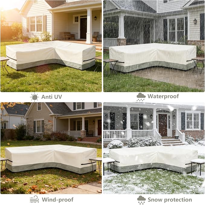 okcool Outdoor Sectional Cover,L-Shaped Patio Furniture Covers for 6-Seater Outdoor Sectional Furniture Couch 110"(85''L) x 32''D x 31''H, White&Grayish Green
