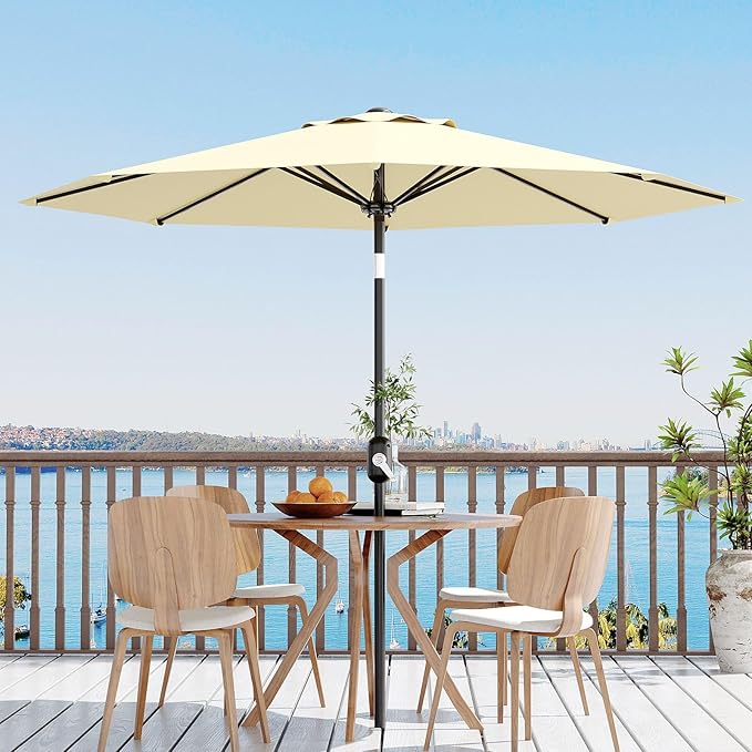 10 ft Patio Umbrella - 8 Sturdy Ribs Outdoor Table Umbrella with Crank Lift & Push Button Tilt - Market Umbrella for Pool, Deck, Yard, Garden -Beige