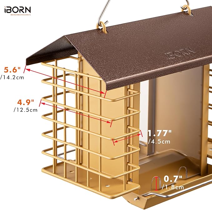 iBorn Bird Feeders for Outdoors,Bird Feeder with Double Suet Holders,Suet Feeder for Outside,Weatherproof Metal Roof,Easy to Refill&Clean,3.2 LBs Seed Capacity+2X Cake,1 Pack,Coffee Roof & Yellow Grid