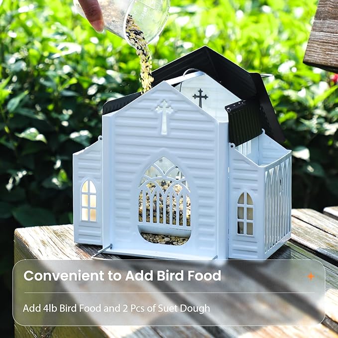 Church-Shaped Metal Bird Feeder with Solar Light - Hanging Outdoor Feeder, 5 LB Large Capacity & Bird Suet Design, Weatherproof, Garden/Yard/Deck Decor & Unique Gift for Christmas & Mother's Day