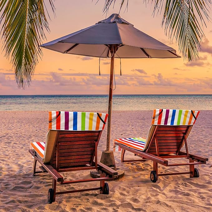 Fumete 2 Pack Lounge Chair Covers 30 x 85 Inch Pool Chaise Lounge Towels Microfiber Beach Chair Towel Portable Striped Outdoor Patio Furniture Cover for Sunbathing Picnic Spa(Rainbow)