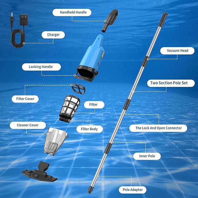 Handheld Pool Vacuum for Above Ground Pools,Cordless Pool Vacuum with Powerful Suction up to 15GPM, Ideal for Leaves and Debris,Pool Vacuum for Hot Tubs and Inground Pools