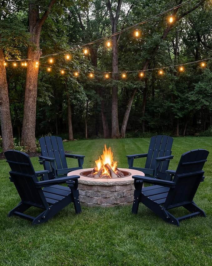Folding Adirondack Chair Set of 2, HDPE Adirondack Chairs with 2 Cup Holder, Plastic All-Weather Fire Pit Chairs, Outdoor Lawn Chair for Patio Garden (Navy Blue)