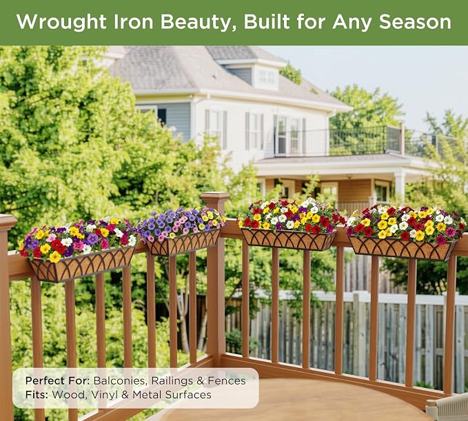 HFHOME 24 Inch Railing Planter Box with Coco Liners for Porch Fence Patio Balcony Hanging Flower Railing Deck Baskets with Adjustable Brackets for Outdoor Garden - 6 Packs