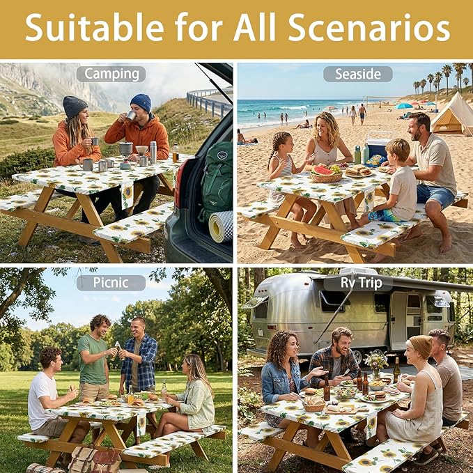 Fitted Waterproof Picnic Table Cover with Bench Covers Heavy Duty Elastic Outdoor Camping Tablecloth for 6 Foot Rectangle Tables Summer Rv Accessories Patio Garden Road Trip Essentials Gifts