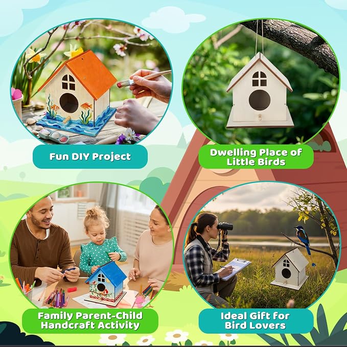 12 Pack Wooden DIY Birdhouse Kit for Kids Adults, Thickened Double-Layer Wood with Screwdrivers, Nails, Ropes, Easy Build & Paint Arts and Crafts Set for Backyard Garden Bird Watching