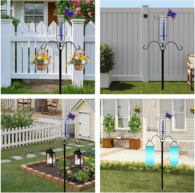 61" Shepherds Hook with Rain Gauge Outdoor, 3/4 Inch Thick Bird Feeder Pole with 5-Prong Base, Metal Rain Gauge Stake with Blue Stripe & Large Numbers, Tall Shepherds Hooks for Yard Garden Decor