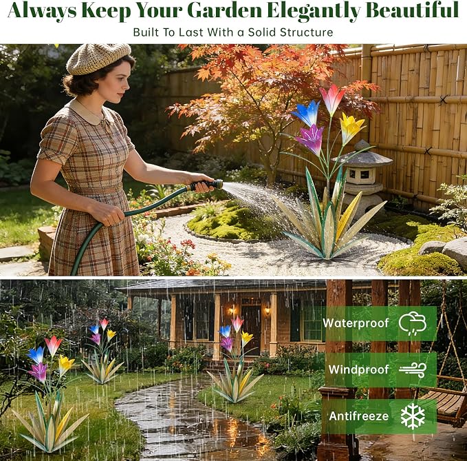 TOMBABY 32.28 Inch Metal Agave Plant Outdoor Decoration Lily Mexican Yard Art Garden Gift Home Decor Hand Painted Metal Agave Garden Yard Statue (1pc, Grass Green)