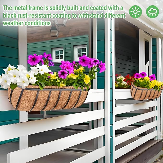 Legigo 2 Pack 24 Inch Window Boxes Railing Planter Box with Coconut Liner, Balcony Railing Planter Horse Trough Deck Window Planters, Metal Railing Hanging Flower Baskets for Outdoor Porch Fence Patio