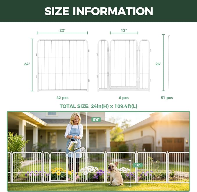 FXW Garden Fence Outdoor for the Yard – 24in(H) x 91.3ft(L) Heavy Duty Metal Animal Barrier for Dog, No Dig Decorative Dog Fence, 48 Panels, White
