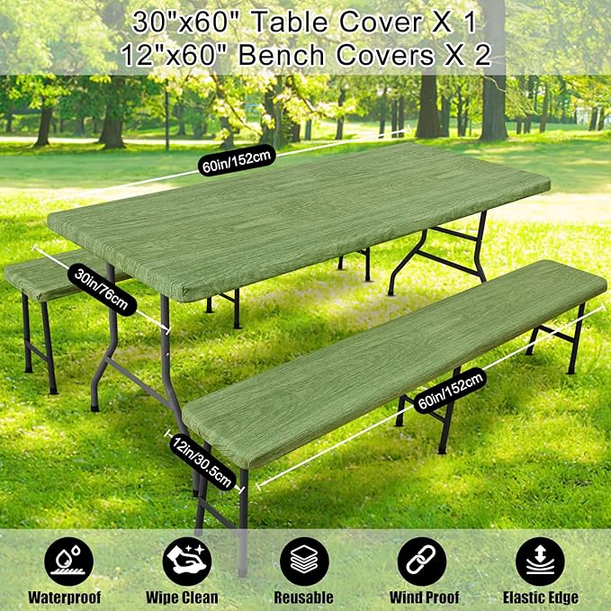 Smiry Picnic Table Cover with Bench Covers, Waterproof Elastic Fitted Tablecloth for 5 Foot Tables, Washable Polyester Tablecloths for Camping, Indoor & Outdoor (Green & Black, 30x60 Inch 3-pc Set)