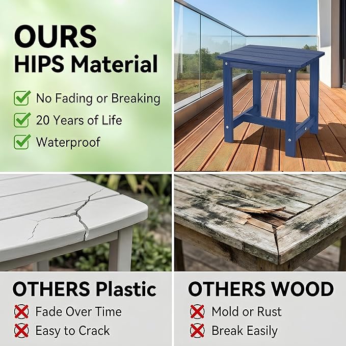 Y&M Outdoor Side Table, HIPS Adirondack Small Single Table, Waterproof Square Outside Table, Balcony Modern End Tables for Patio, Pool, Beach, Porch, Deck, Indoor or Outdoor Use, Navy Blue