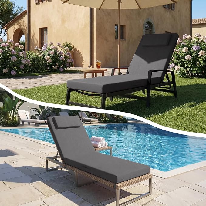 Outdoor Chaise Lounge Cushions, 72x21 Inch Olefin Water & Fade Resistant Pool Lounge Chair Cushions, Patio Sun Lounger Pad with Pillow & Straps for Patio, Pool, Deck, Lawn, Dark Gray