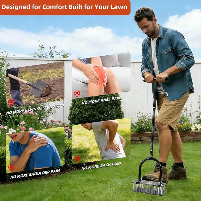 GAINO Manual Lawn Aerator Tool with 15 Spikes, 32"-35" Adjustable T-Handle Aerator for Lawn, Automatic Dirt Ejection Design, Heavy Duty Yard Grass Aerator for Soil Compaction, Black