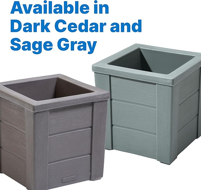 Step2 Lakewood Square Planter Box, Outside All-Season All-Weather Gardening Pot for Patio and Front Porch, Dark Cedar, 2-Pack