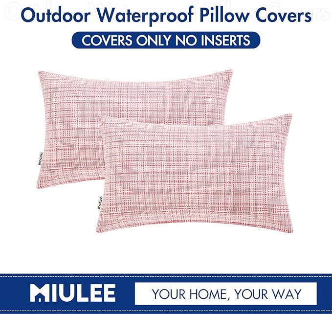 MIULEE Outdoor Waterproof Throw Pillow Covers Decorative Farmhouse Water Resistant Cushion Covers for Tent Patio Garden Couch Sofa Pack of 2, 12x20 Inch Pink