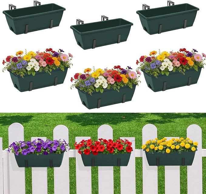 6 Pack Deck Railing Planter Boxes Outdoor Fence Planters with Drainage Holes, 17’’ Window Boxes Planters with Adjustable Metal Brackets for Garden, Balcony, Patio, Green