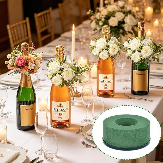 12 Pcs Mini Floral Foam Holder for Wine Bottle Topper, 3.9 Inch Flower Foam Round with Plastic Base for Wine Bottle Decor, Wedding Party Centerpiece