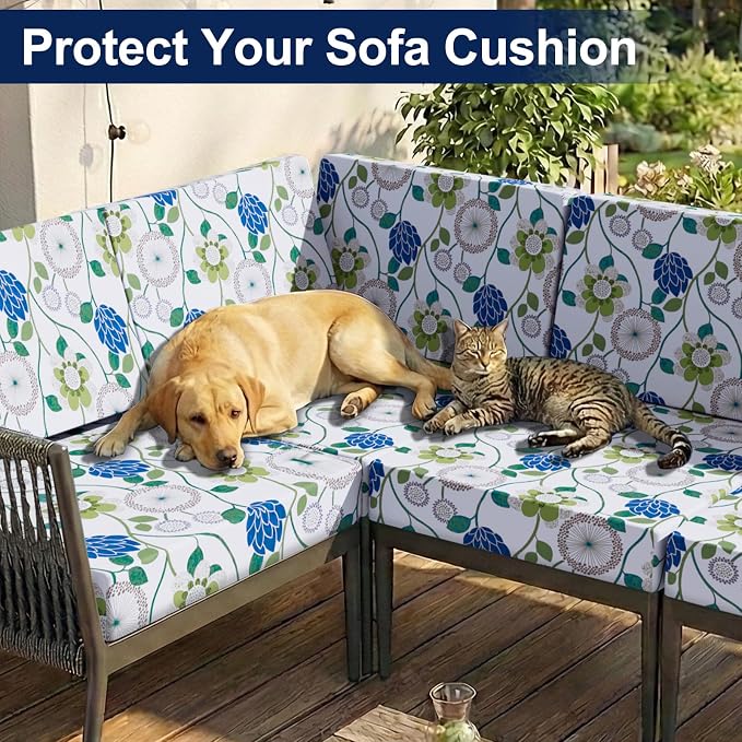 Smiry Waterproof Patio Cushion Covers, Stretch Outdoor Couch Slipcovers Replacement Washable Furniture Protector Sofa Chair Seat Cover for Dogs and Pets (8 Pcs, Light Green)