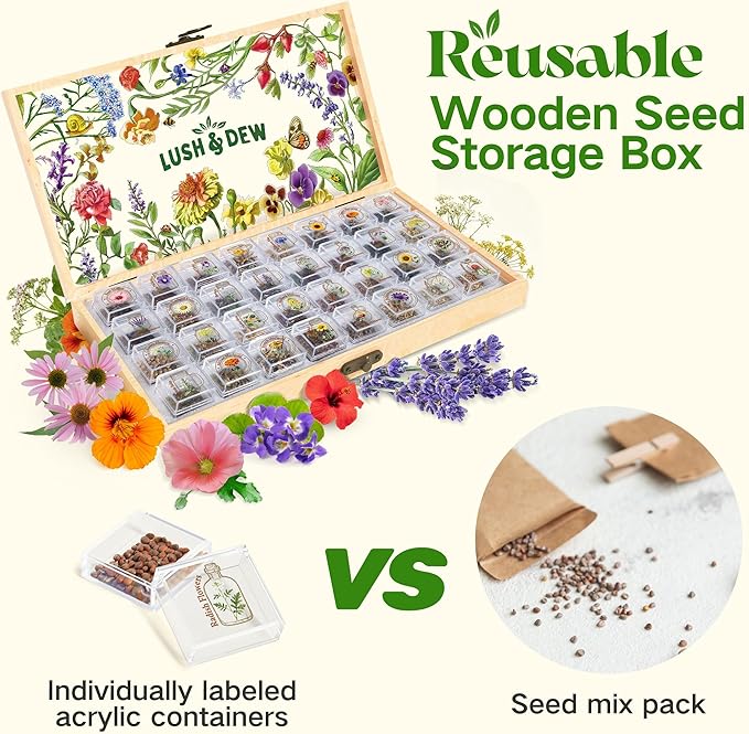Lush&Dew Edible Flower Seed Bank with Almanac, Gardening Gifts for Women Men, 32 Types 30,000+ Non-GMO Heirloom Seeds for Planting Culinary Flowers, Survival Seed Kit, Annual Perennial, Zone 3-11