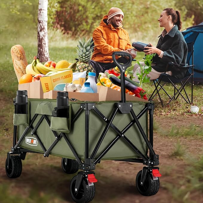Overmont Collapsible Wagon Cart with Wheels - 180L Foldable Heavy Duty Wagon with Big All-Terrain Wheels - 360Lbs Weight Capacity with Side Pockets for Camping Sports Garden Grocery Shopping Green