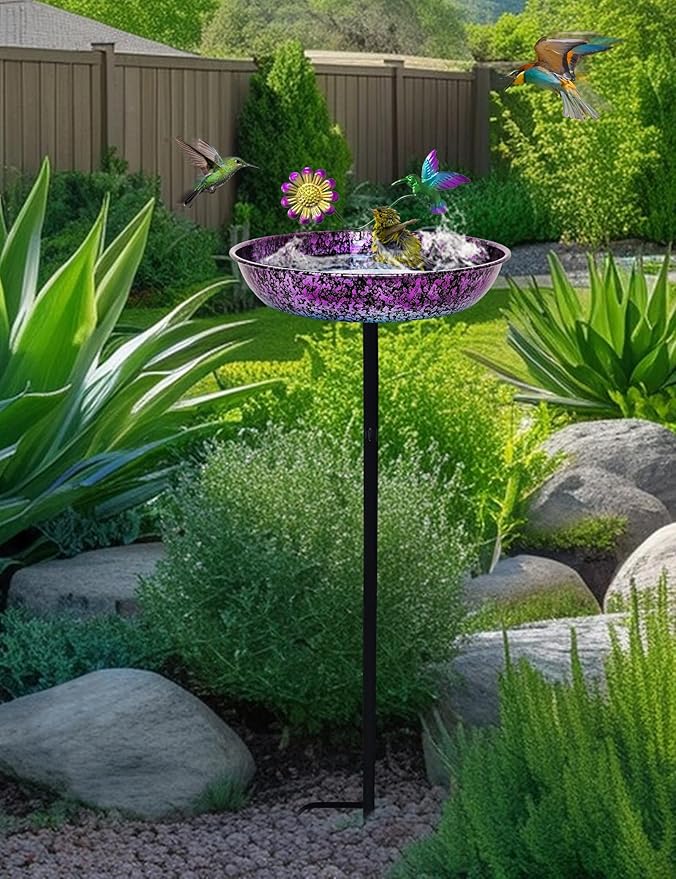 Bird Bath for Outside, 11 Inch Colorful Purple&Blue Metal Birdbath Bowl Decorated Hummingbird Flower Freestanding Garden Bird Bath Feeder Outdoor Decor Yard Art