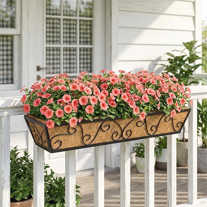 Y&M 4Pcs 30'' Large Railing Planter Boxes with Coco Liner, Outdoor Hanging Window Flower Boxes for Deck, Fence, Porch, and Patio