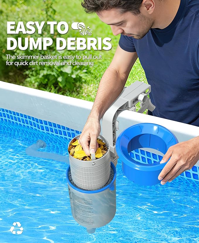 DeeprClean Upgrade Above Ground Pool Skimmer Comes with 3 Socks, Anti-tilt Wall Mount Surface Skimmer, Removable Skimmer Basket, Adjustable Height Bracket, Auto Skimming Pool Surface Leaves - Gray